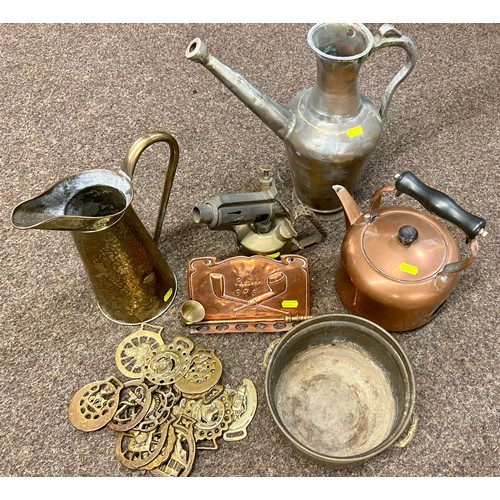 390 - Primus blow torch, copper pipe rack plus other metal vessels