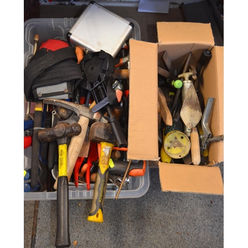 108 - 2 boxes of builders tools. Hammers, pipe cutter etc.
