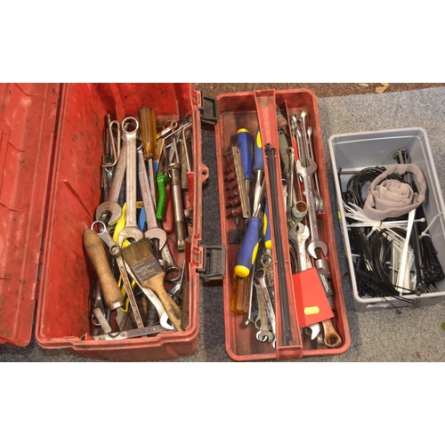 109 - Box of zipties & red tool box & contents inc. spanners, sockets etc.