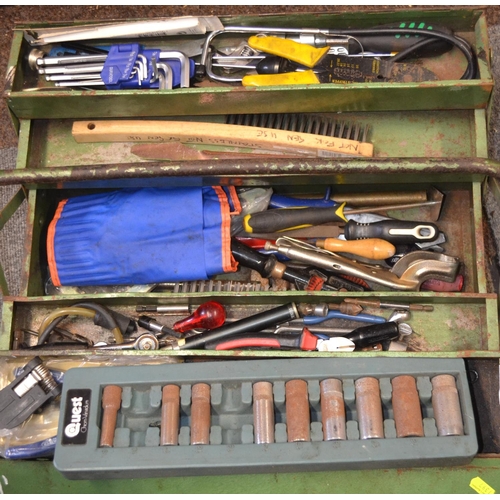 110 - Green concertina tool box, with sockets & spanner contents etc.