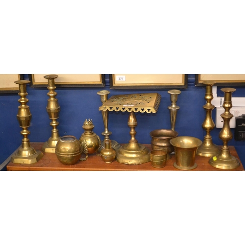 311 - Various brass items inc. three pairs of candlesticks, trench art vase and other items