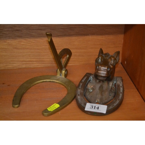 314 - Bronze horse head door knocker by Garier Foundry co. and a brass horse shoe sizer