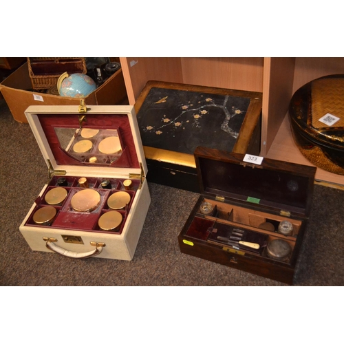 323 - Japanned papier mache box with mother of pearl inlay, W35cm, some losses together with vanity box, A... 