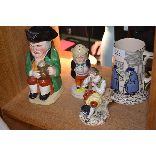 368 - Crown Staffordshire character jug & shaker, a Sampson porcelain figure & Royal Doulton tanka... 