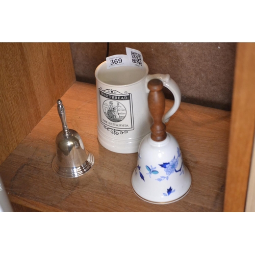 369 - Spode Whitbread tankard together with two bells; one Royal Grafton ceramic and one EPNS