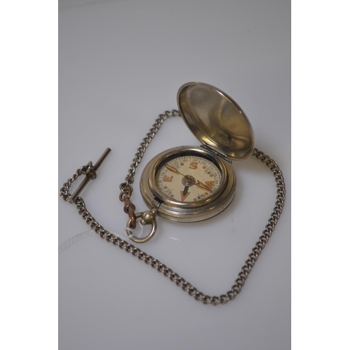 437 - Cased compass & chain with T-bar