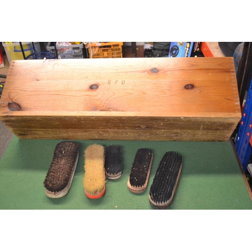 62 - Pine box, marked GPO with shoe cleaning contents