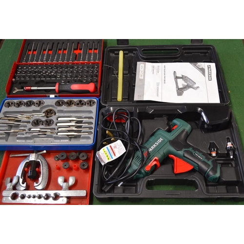 78 - 4 boxed tool sets, tap & die set, screwdriver set, flaring tool kit & hot glue gun
