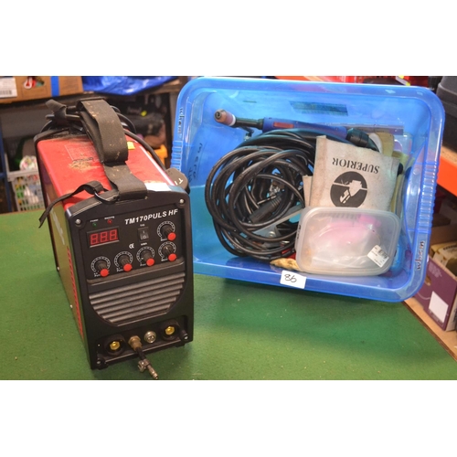 86 - TIGMIG TM170PULS HF TIG welder, with box of accessories. Appears clean, with only light previous use... 
