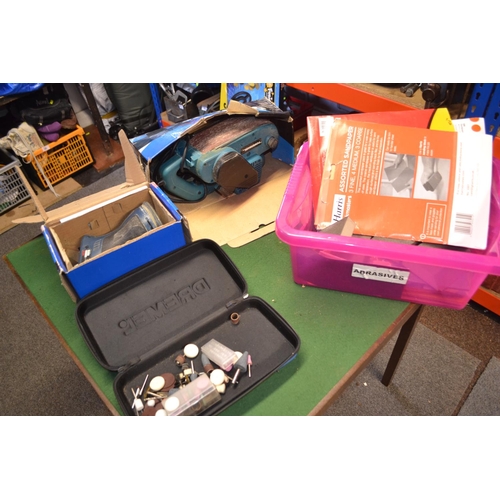 94 - Box of mostly sanding tools, inc. Belt sander, palm sander, small draper tools & various sand pa... 