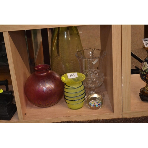 383 - Shelf of glass ware inc. Studio glass, mille fiori paperweight, etched vase etc