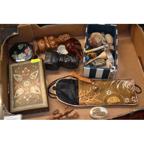 393 - Box of collectable items inc. carved busts, ammonite, mice ornaments, compact etc.