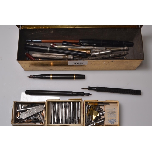 466 - Collection of various fountain pens, nibs & pencils in tin, including three fountain pens with 1... 