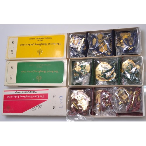 476 - Royal Hong Kong Jockey Club, three sets of badges, 1980's and 90's