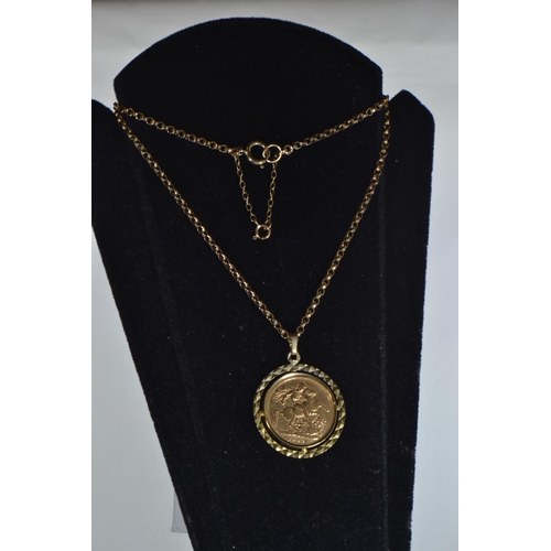 7 - 1903 Edward VII full sovereign in 9ct gold mount, suspended from a cable link neck chain, chain circ... 