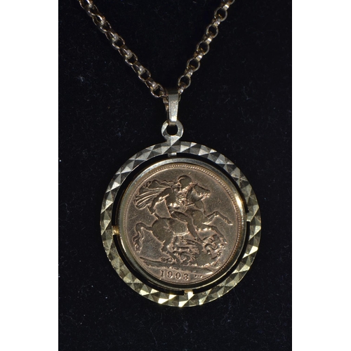 7 - 1903 Edward VII full sovereign in 9ct gold mount, suspended from a cable link neck chain, chain circ... 