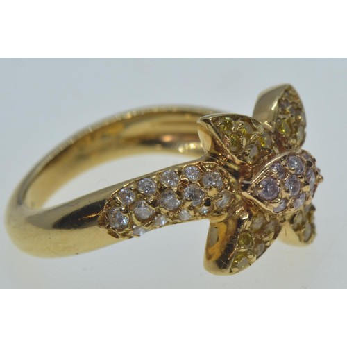 13 - 18ct gold & coloured diamond ring, size L, 4.22 grams