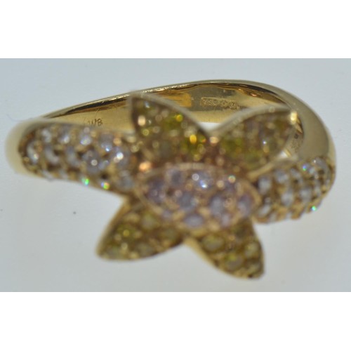 13 - 18ct gold & coloured diamond ring, size L, 4.22 grams