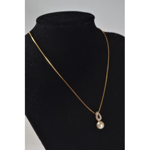 20 - 18ct gold, pearl & diamond pendant & chain, chain circumference 400mm, gross weight 7 grams