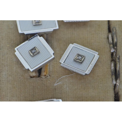 40 - 9ct white gold, diamond & enamel dress set, comprising a pair of cufflinks, pair of studs & ... 