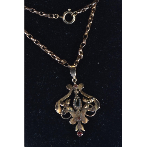 44 - 9ct gold & coloured stone set pendant with a 9ct gold chain, pendant length including bale 40mm,... 