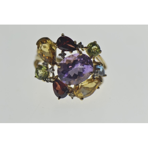 50 - 9ct gold & multi stone ring set with amethyst, peridot, citrine, garnet, blue topaz and white st... 