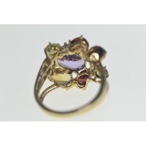 50 - 9ct gold & multi stone ring set with amethyst, peridot, citrine, garnet, blue topaz and white st... 