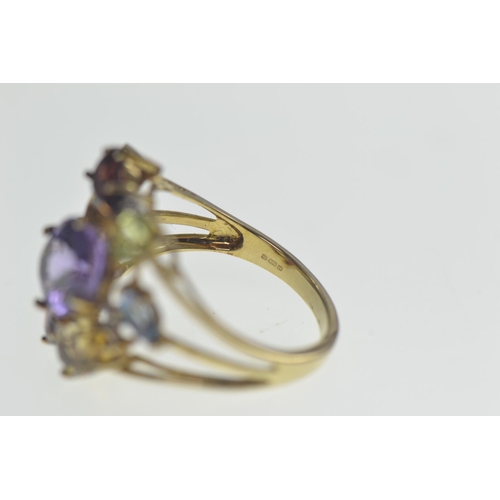 50 - 9ct gold & multi stone ring set with amethyst, peridot, citrine, garnet, blue topaz and white st... 