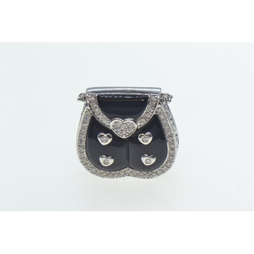 59 - 18ct white gold, diamond & enamel bag-shaped pendant, length including bale 42mm, 13.54 grams