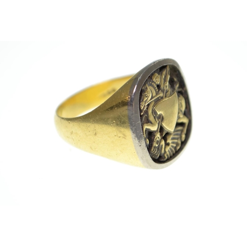 61 - 18ct gold signet ring, set to the top with St. George defeating the dragon, size V, 18.85 grams