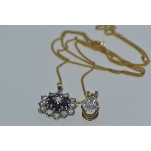 56 - Yellow metal, sapphire & white stone cluster pendant & a 9ct gold white stone teardrop penda... 