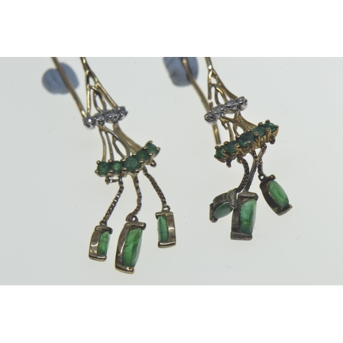 86 - Pair of 9ct gold, emerald & diamond chandelier style earrings, each set with five navette-shaped... 