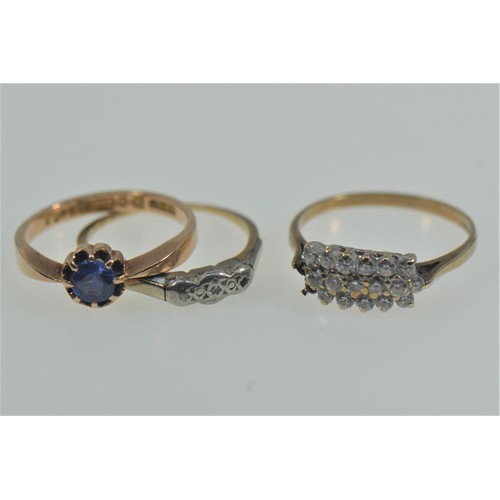 48 - Three 9ct gold & stone set rings, comprising: one set with a blue stone, size N1/2; another set ... 