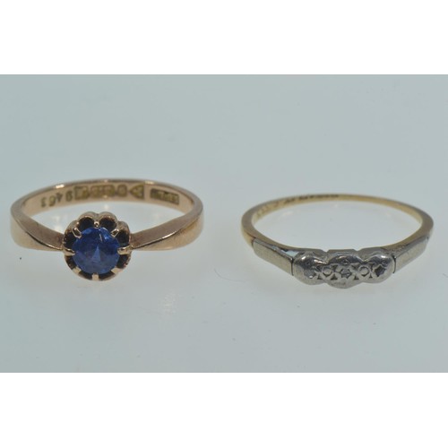 48 - Three 9ct gold & stone set rings, comprising: one set with a blue stone, size N1/2; another set ... 