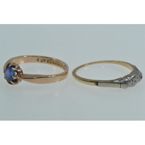 48 - Three 9ct gold & stone set rings, comprising: one set with a blue stone, size N1/2; another set ... 