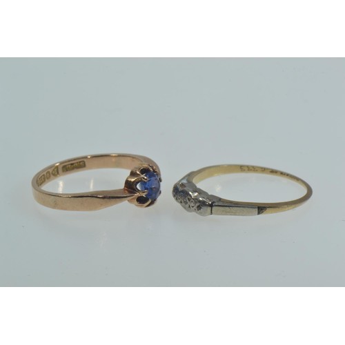 48 - Three 9ct gold & stone set rings, comprising: one set with a blue stone, size N1/2; another set ... 