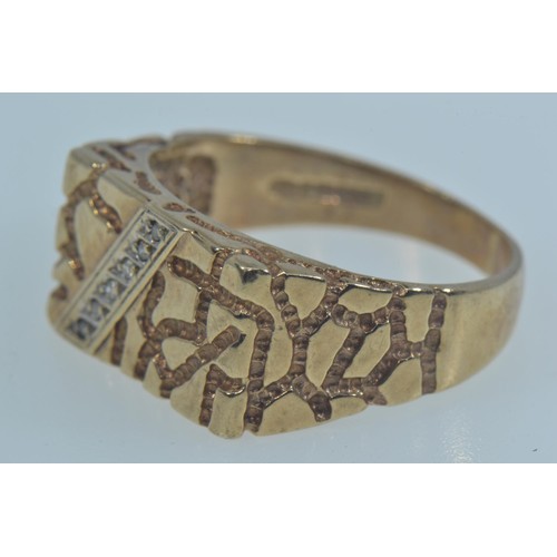 73 - 9ct gold & diamond textured signet ring, size S, 4.9 grams