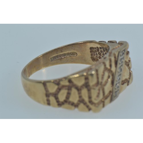 73 - 9ct gold & diamond textured signet ring, size S, 4.9 grams