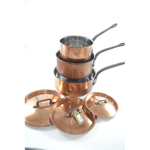 296 - Three Bourgeat lidded stainless steel lined copper pans inc. 28, 24 and 20