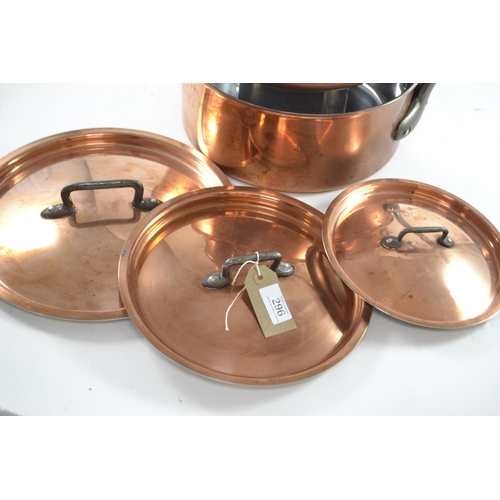 296 - Three Bourgeat lidded stainless steel lined copper pans inc. 28, 24 and 20