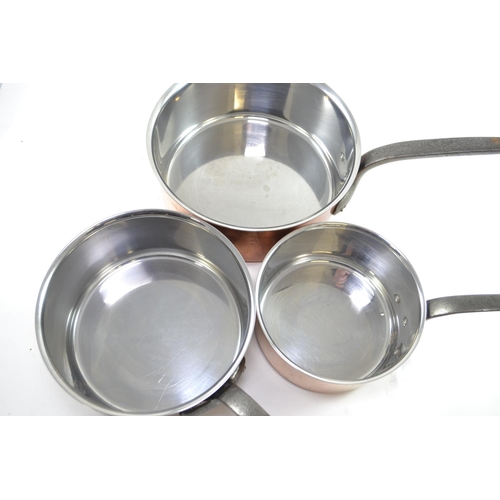 296 - Three Bourgeat lidded stainless steel lined copper pans inc. 28, 24 and 20