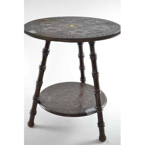 301 - Regency oriental inspired carved two-tier side table with faux bamboo legs, dia 44 x H49cm