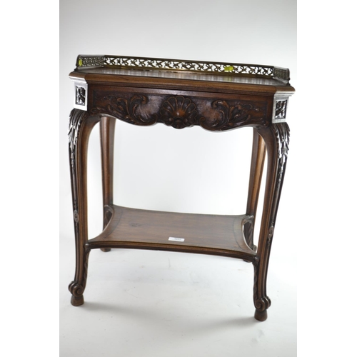 302 - Veneered and lattice inlaid side table with lower tier, brass gallery and carved drawer, 51 x 41 x 5... 