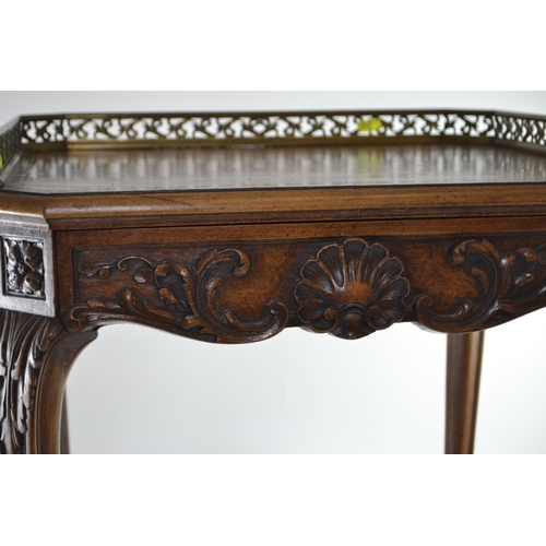 302 - Veneered and lattice inlaid side table with lower tier, brass gallery and carved drawer, 51 x 41 x 5... 