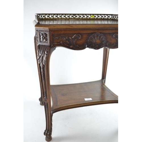 302 - Veneered and lattice inlaid side table with lower tier, brass gallery and carved drawer, 51 x 41 x 5... 