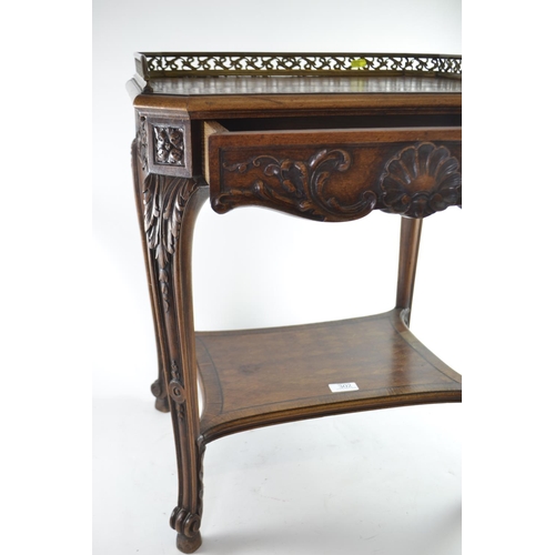 302 - Veneered and lattice inlaid side table with lower tier, brass gallery and carved drawer, 51 x 41 x 5... 