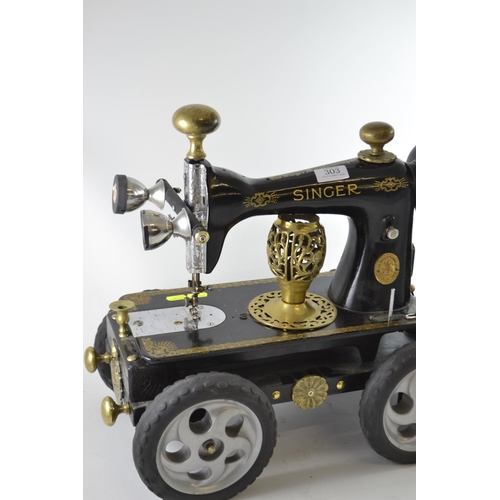 303 - Singer sewing machine upcycled to motor car, L63 x D27 x H55cm