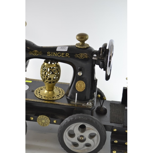 303 - Singer sewing machine upcycled to motor car, L63 x D27 x H55cm