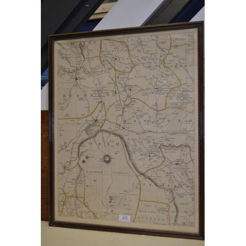 429 - Framed map of Devon, from Tavistock to Winkleigh, 'Donne Jeffreys 1965' written in pencil below the ... 