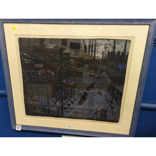 428 - Industrial scene, wood block screen print 10/15. Signed lower right (illegible, possibly Russian) 19... 